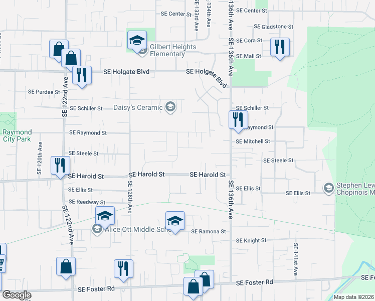 map of restaurants, bars, coffee shops, grocery stores, and more near 5234 Southeast 132nd Avenue in Portland