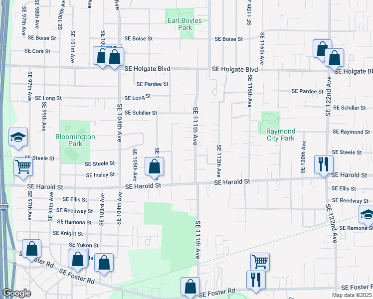 map of restaurants, bars, coffee shops, grocery stores, and more near 5227 Southeast 111th Avenue in Portland