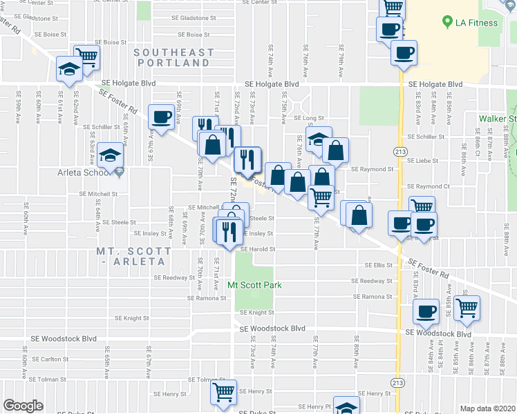 map of restaurants, bars, coffee shops, grocery stores, and more near 7317-7319 Southeast Steele Street in Portland