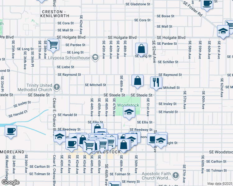 map of restaurants, bars, coffee shops, grocery stores, and more near 5315 Southeast 47th Avenue in Portland