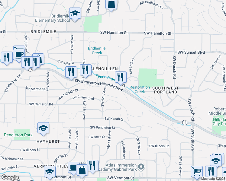 map of restaurants, bars, coffee shops, grocery stores, and more near 4115 Southwest Fairvale Drive in Portland