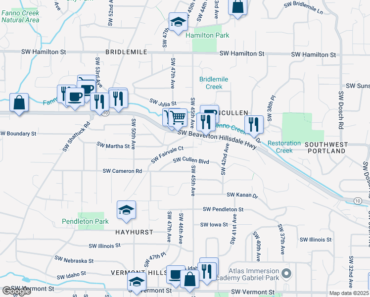 map of restaurants, bars, coffee shops, grocery stores, and more near 4535 Southwest Cullen Boulevard in Portland