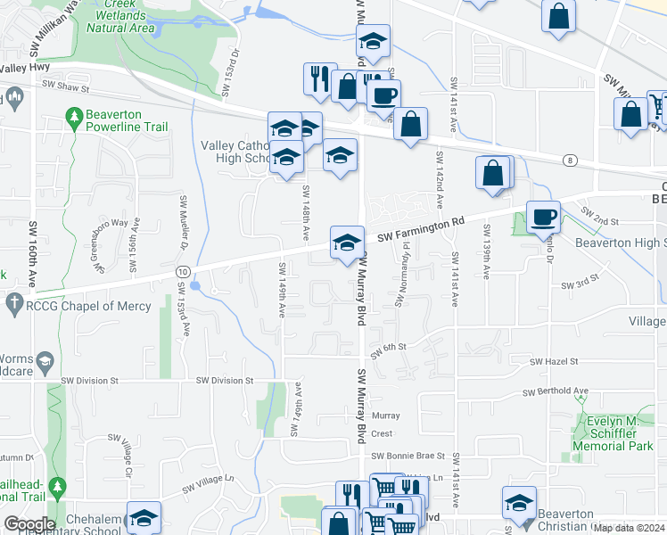 map of restaurants, bars, coffee shops, grocery stores, and more near 5005 Southwest Murray Boulevard in Beaverton