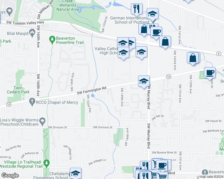 map of restaurants, bars, coffee shops, grocery stores, and more near 4880 Southwest 150th Place in Beaverton