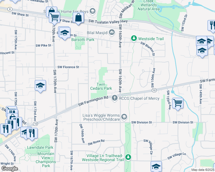 map of restaurants, bars, coffee shops, grocery stores, and more near 16235 Southwest Farmington Road in Beaverton