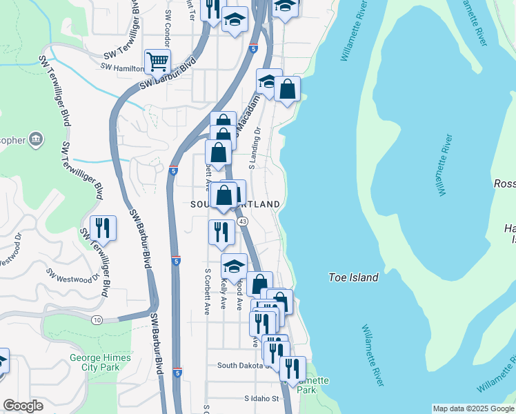 map of restaurants, bars, coffee shops, grocery stores, and more near 5310 South Macadam Avenue in Portland