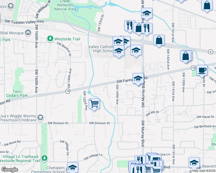 map of restaurants, bars, coffee shops, grocery stores, and more near 15000 Southwest Farmington Road in Beaverton