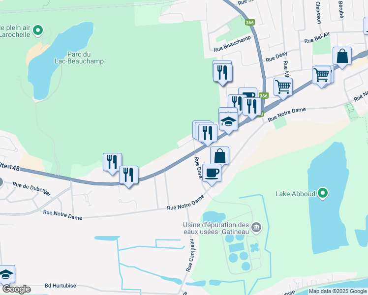 map of restaurants, bars, coffee shops, grocery stores, and more near 825 Rue Larouche in Gatineau