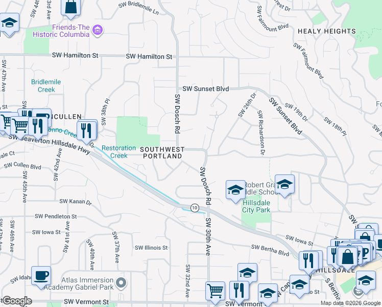 map of restaurants, bars, coffee shops, grocery stores, and more near 5249 Southwest Dosch Road in Portland