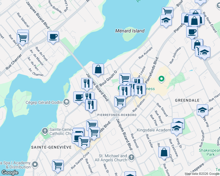 map of restaurants, bars, coffee shops, grocery stores, and more near 5000 Boulevard Jacques-Bizard in Montréal