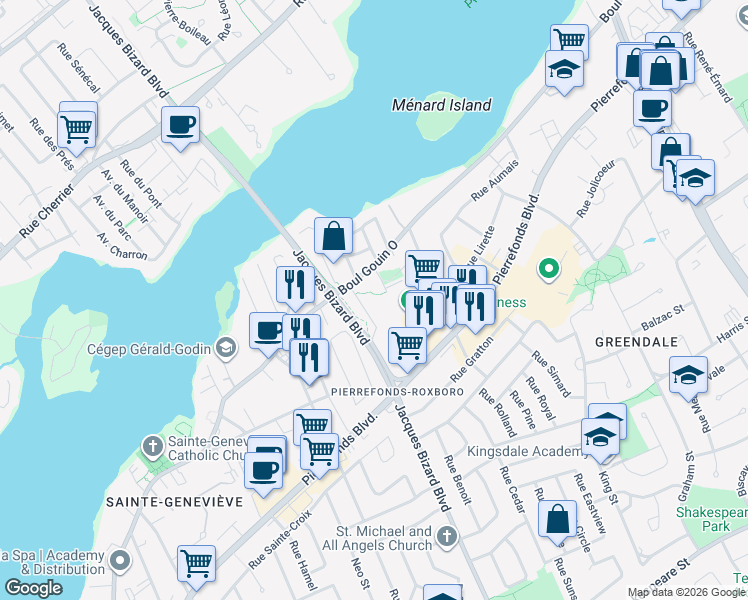 map of restaurants, bars, coffee shops, grocery stores, and more near 5000 Boulevard Jacques Bizard in Montréal
