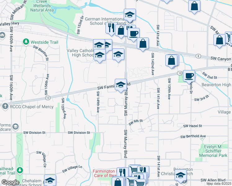 map of restaurants, bars, coffee shops, grocery stores, and more near 14620 Southwest Farmington Road in Beaverton