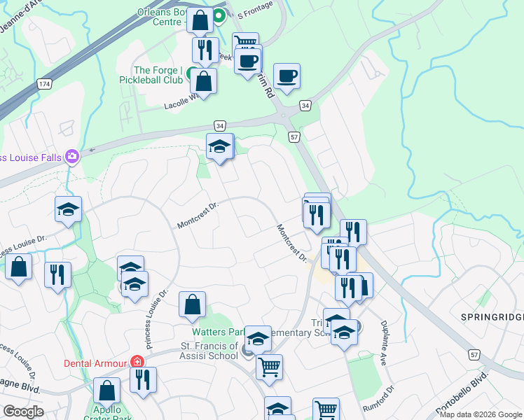 map of restaurants, bars, coffee shops, grocery stores, and more near 860 Montcrest Drive in Ottawa