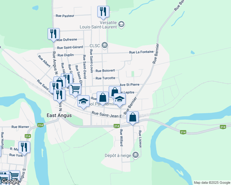 map of restaurants, bars, coffee shops, grocery stores, and more near 113 Rue Lepitre in East Angus