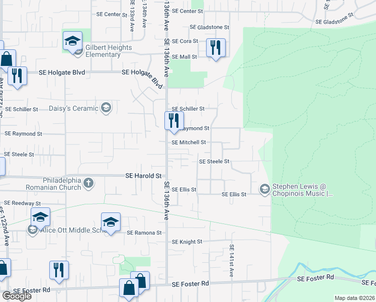 map of restaurants, bars, coffee shops, grocery stores, and more near 13721 Southeast Steele Street in Portland