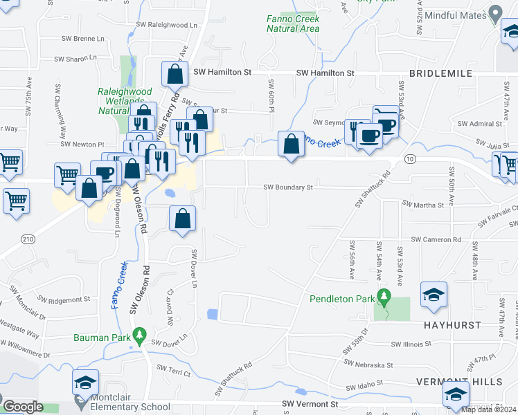 map of restaurants, bars, coffee shops, grocery stores, and more near 6140 Southwest Boundary Street in Portland