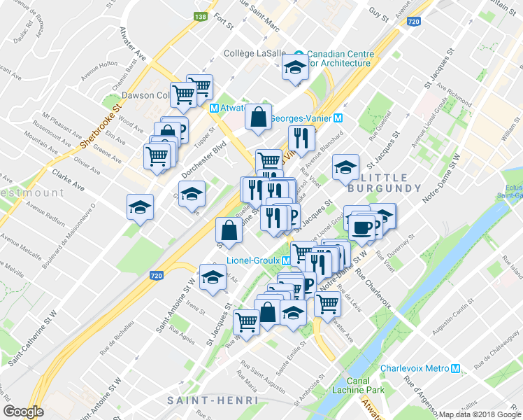 map of restaurants, bars, coffee shops, grocery stores, and more near 3040 Rue Saint-Antoine Ouest in Montréal