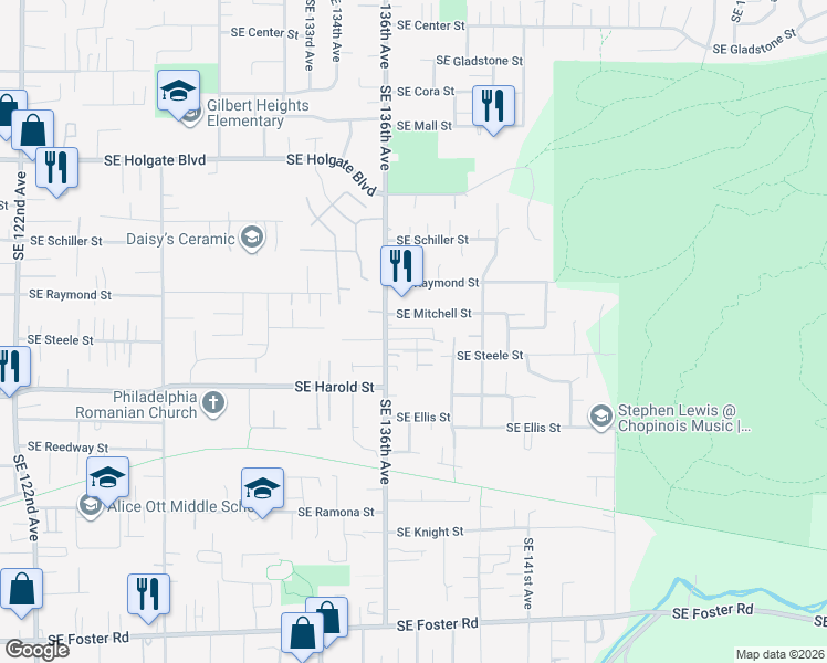 map of restaurants, bars, coffee shops, grocery stores, and more near 13649 Southeast Steele Street in Portland