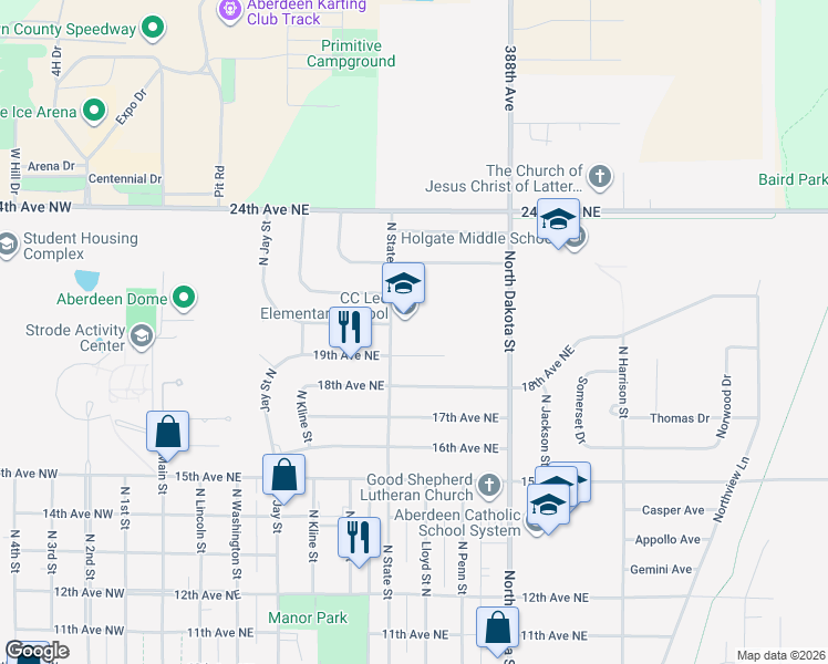 map of restaurants, bars, coffee shops, grocery stores, and more near 1900 North State Street in Aberdeen