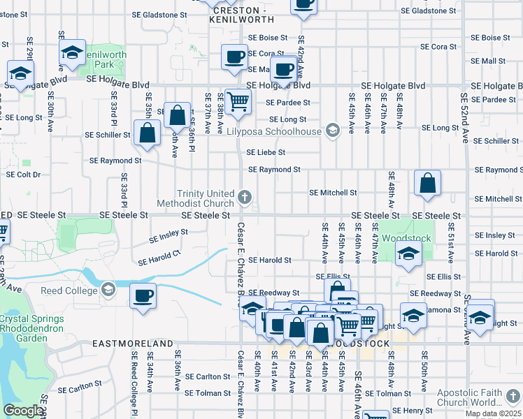 map of restaurants, bars, coffee shops, grocery stores, and more near 4005 Southeast Steele Street in Portland