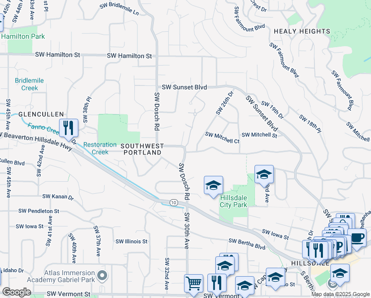 map of restaurants, bars, coffee shops, grocery stores, and more near 5298 Southwest Dosch Road in Portland