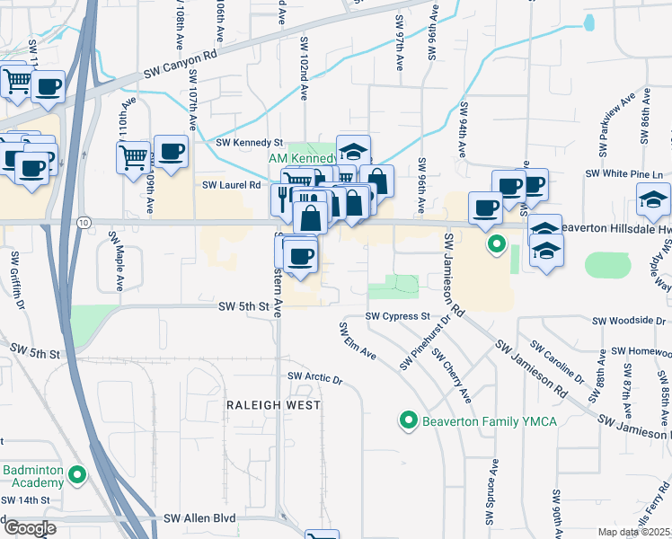 map of restaurants, bars, coffee shops, grocery stores, and more near 4941 Southwest Chestnut Place in Beaverton