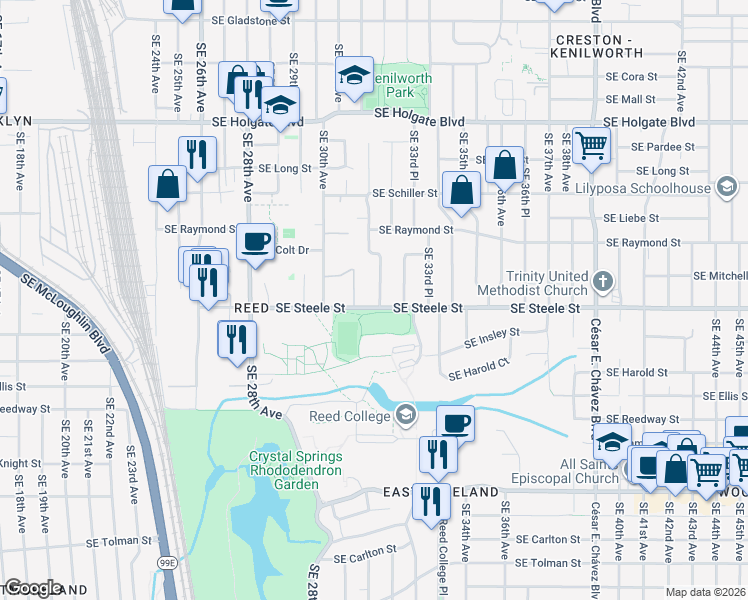 map of restaurants, bars, coffee shops, grocery stores, and more near 5235 Southeast 32nd Avenue in Portland