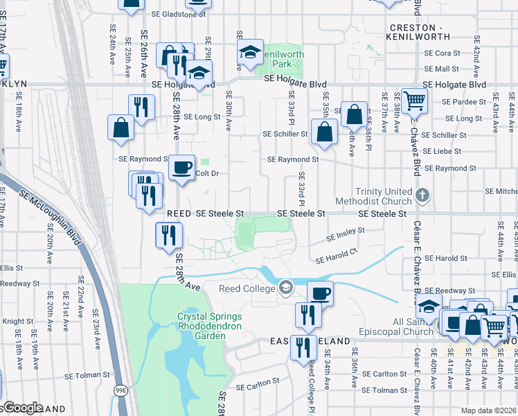 map of restaurants, bars, coffee shops, grocery stores, and more near 3131 Southeast Steele Street in Portland