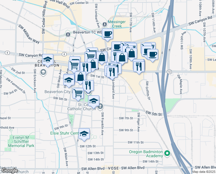 map of restaurants, bars, coffee shops, grocery stores, and more near 4815 Southwest Lombard Avenue in Beaverton