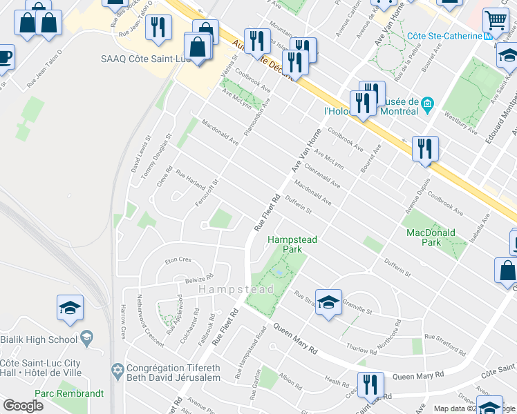 map of restaurants, bars, coffee shops, grocery stores, and more near 160 Rue Finchley in Hampstead