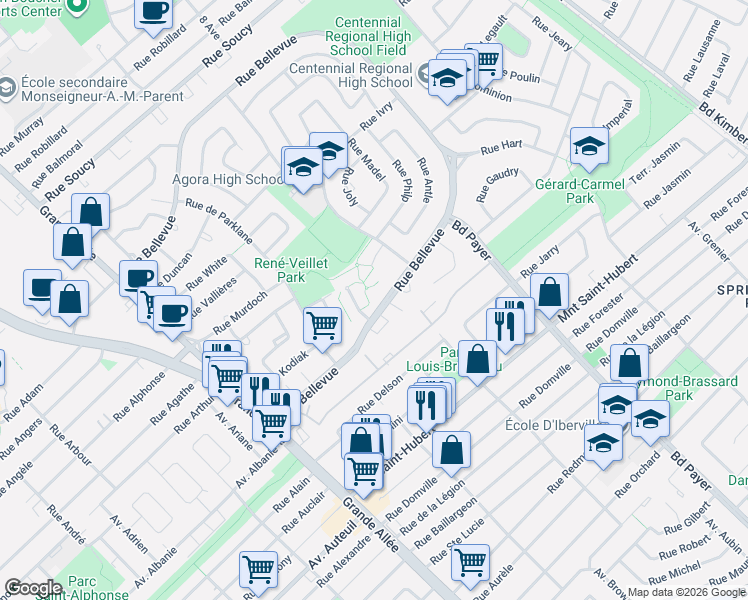 map of restaurants, bars, coffee shops, grocery stores, and more near 1519 Rue Bellevue in Longueuil