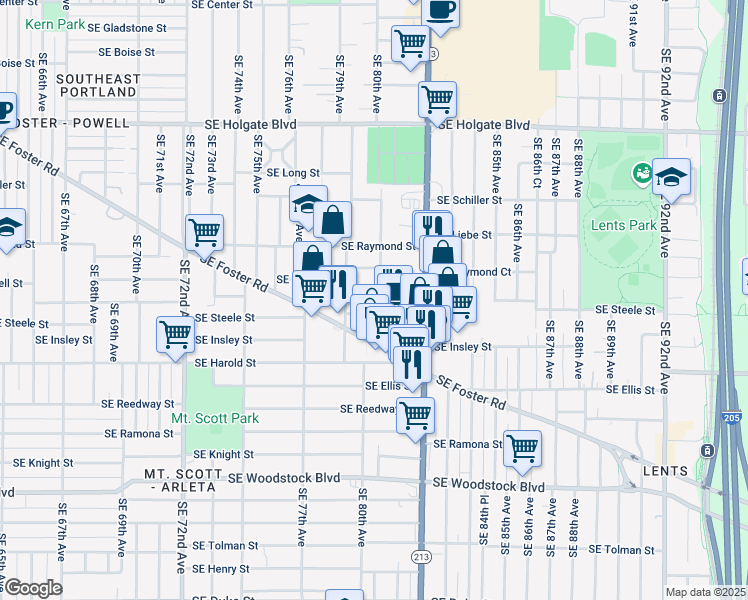 map of restaurants, bars, coffee shops, grocery stores, and more near 7936 Southeast Steele Street in Portland