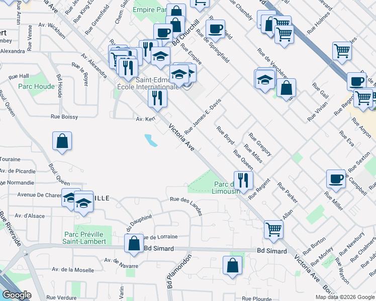 map of restaurants, bars, coffee shops, grocery stores, and more near 1665 Victoria Avenue in Saint-Lambert