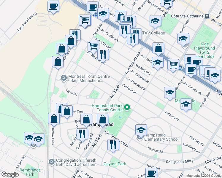 map of restaurants, bars, coffee shops, grocery stores, and more near 160 Rue Finchley in Hampstead