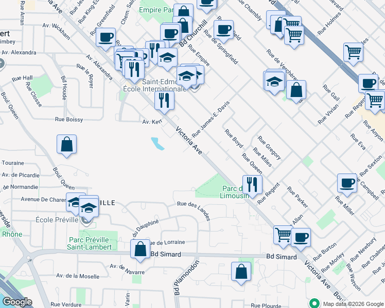 map of restaurants, bars, coffee shops, grocery stores, and more near 1665 Avenue Victoria in Saint-Lambert