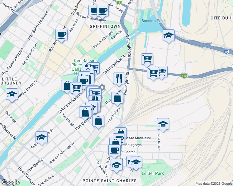 map of restaurants, bars, coffee shops, grocery stores, and more near 1553 Rue du Centre in Montréal