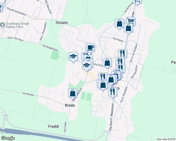 map of restaurants, bars, coffee shops, grocery stores, and more near 23 Piazza 4 Novembre in Flero