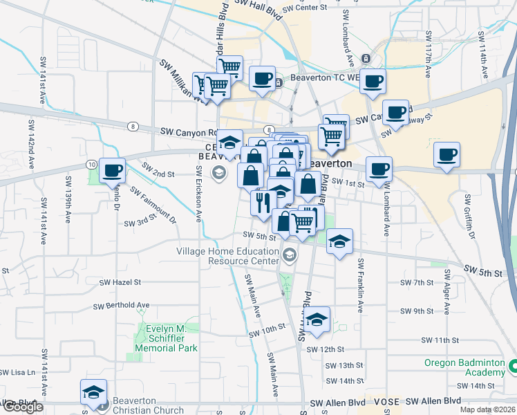 map of restaurants, bars, coffee shops, grocery stores, and more near 4875 Southwest Angel Avenue in Beaverton