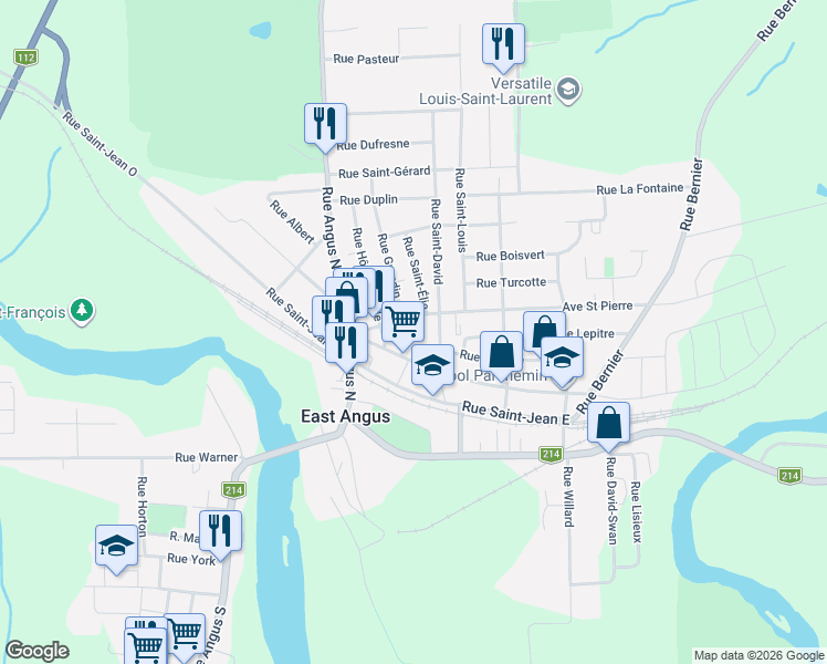 map of restaurants, bars, coffee shops, grocery stores, and more near 182 Rue Saint-Jacques in East Angus