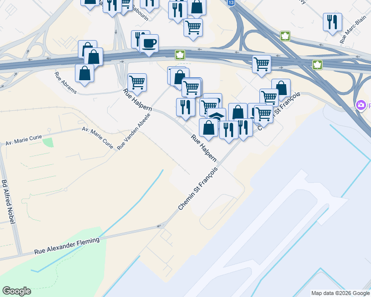 map of restaurants, bars, coffee shops, grocery stores, and more near 2000 Rue Halpern in Montréal