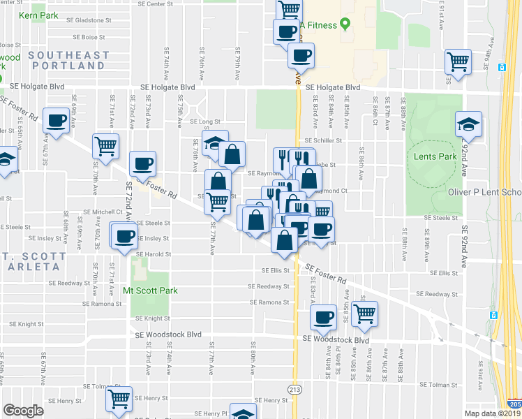 map of restaurants, bars, coffee shops, grocery stores, and more near 7936 Southeast Steele Street in Portland