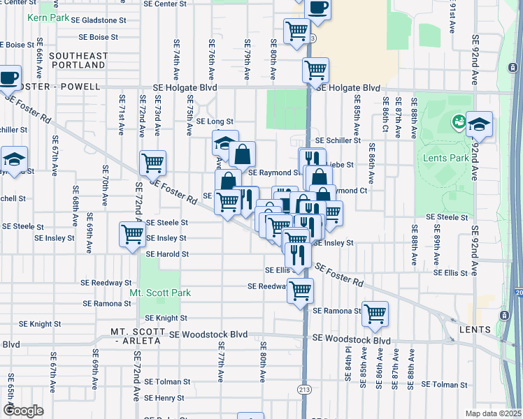 map of restaurants, bars, coffee shops, grocery stores, and more near 7936 Southeast Steele Street in Portland