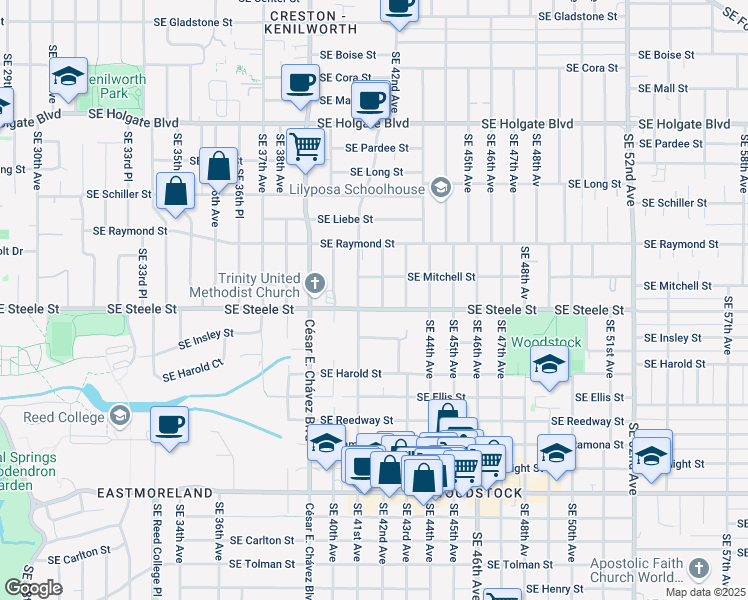 map of restaurants, bars, coffee shops, grocery stores, and more near 5304 Southeast 41st Avenue in Portland