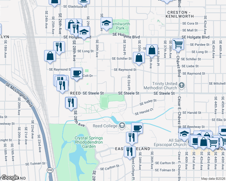 map of restaurants, bars, coffee shops, grocery stores, and more near 3131 Southeast Steele Street in Portland