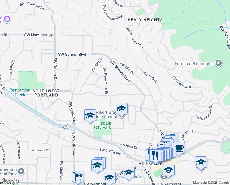 map of restaurants, bars, coffee shops, grocery stores, and more near 2340 Southwest Boundary Street in Portland