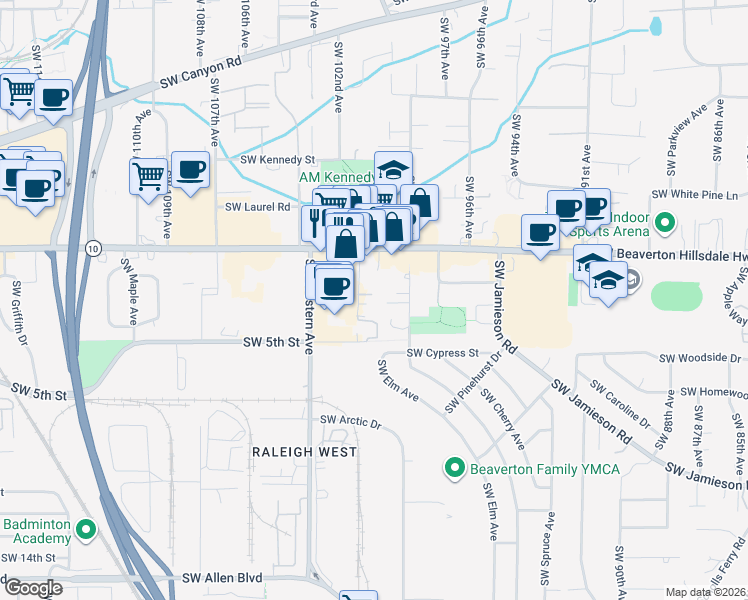 map of restaurants, bars, coffee shops, grocery stores, and more near 4941 Southwest Chestnut Place in Beaverton