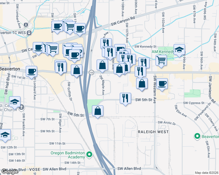 map of restaurants, bars, coffee shops, grocery stores, and more near 4800 Southwest Maple Avenue in Beaverton