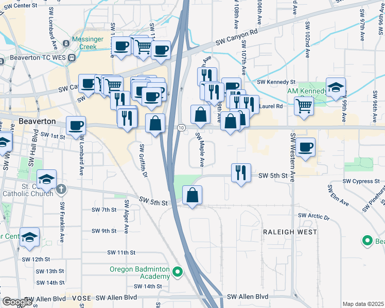 map of restaurants, bars, coffee shops, grocery stores, and more near 4837 Southwest Larch Drive in Beaverton
