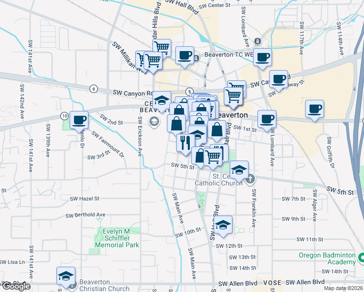 map of restaurants, bars, coffee shops, grocery stores, and more near 4875 Southwest Angel Avenue in Beaverton
