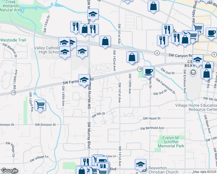 map of restaurants, bars, coffee shops, grocery stores, and more near 4860 Southwest Wembley Place in Beaverton
